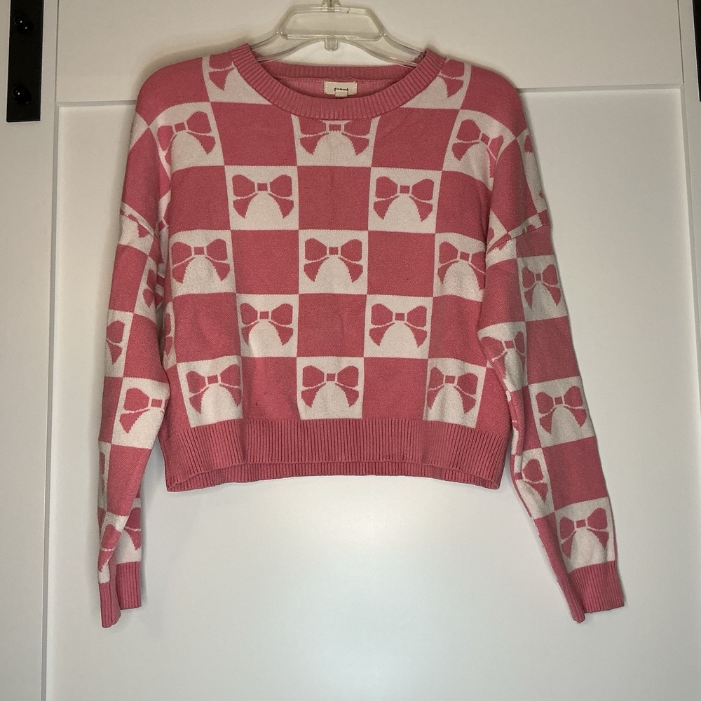 Debut Women's Checkered Pink Bow Sweater Size M Colorblock Coquette Girlhood